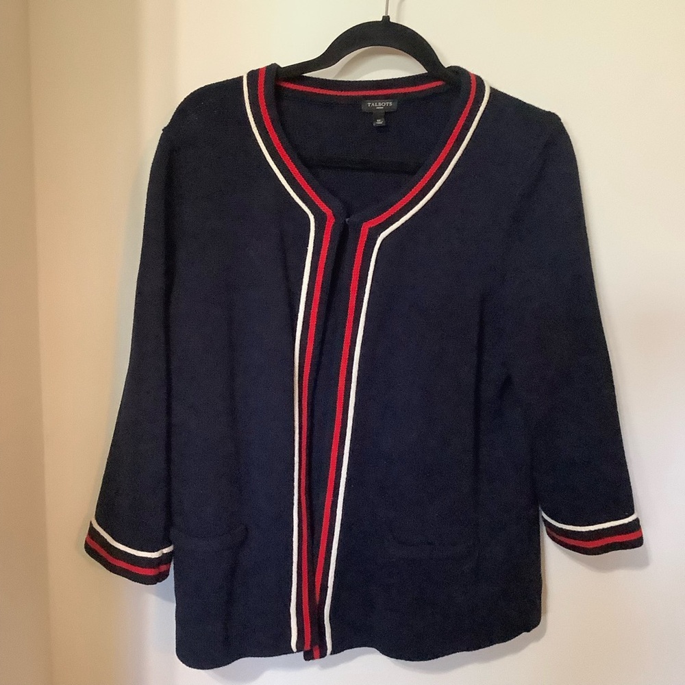TALBOTS:  Navy Cardigan with Red and White Trim
